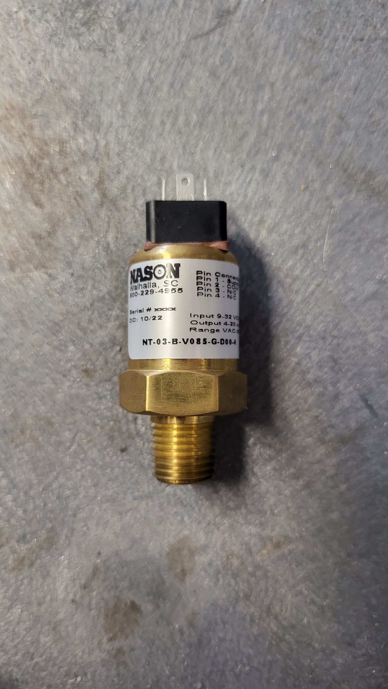 100-004-063 PRESSURE TRANSDUCER 4-20mA, 0-85 PSI